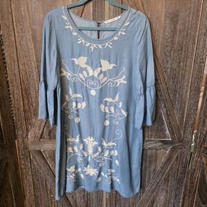 Given Kale Dress Women's‎ Size Medium Chambray Floral Embroidered Bell Sleeve